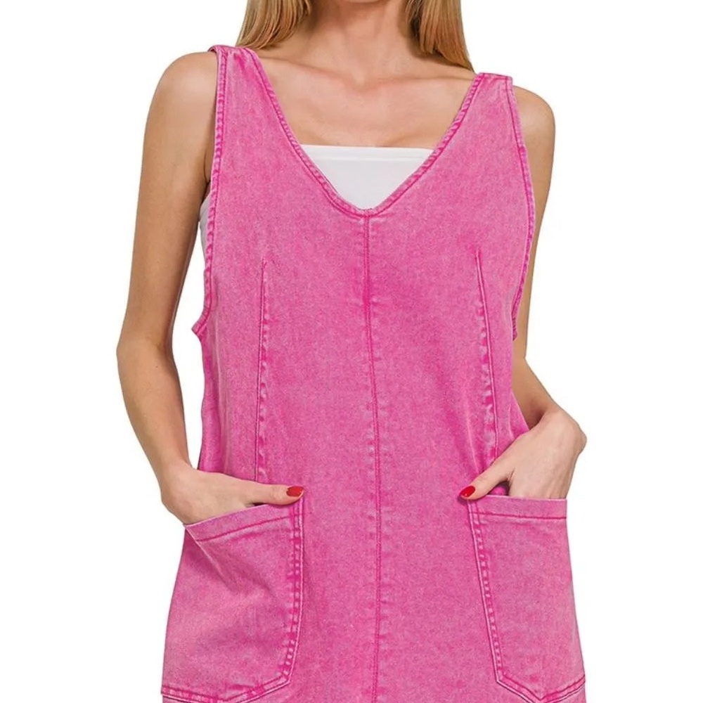 Zenana Washed Pink Denim Short Overalls | Adjustable Straps - Picture 3 of 4